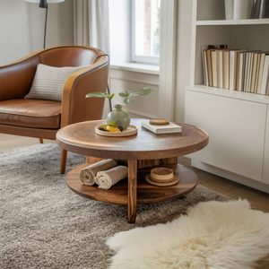 Tropical Round Coffee Table With Shelf For Coastal Living Room And Lounge