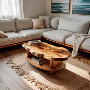 Rustic Coffee Table Live Edge And Shelf For Living