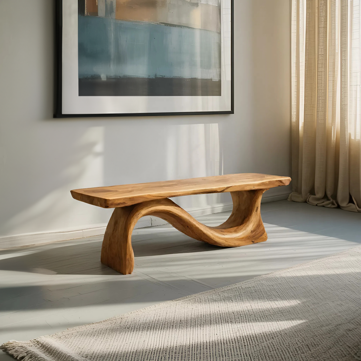 Contemporary Organic Sculpted Live Edge Bench For Living Room