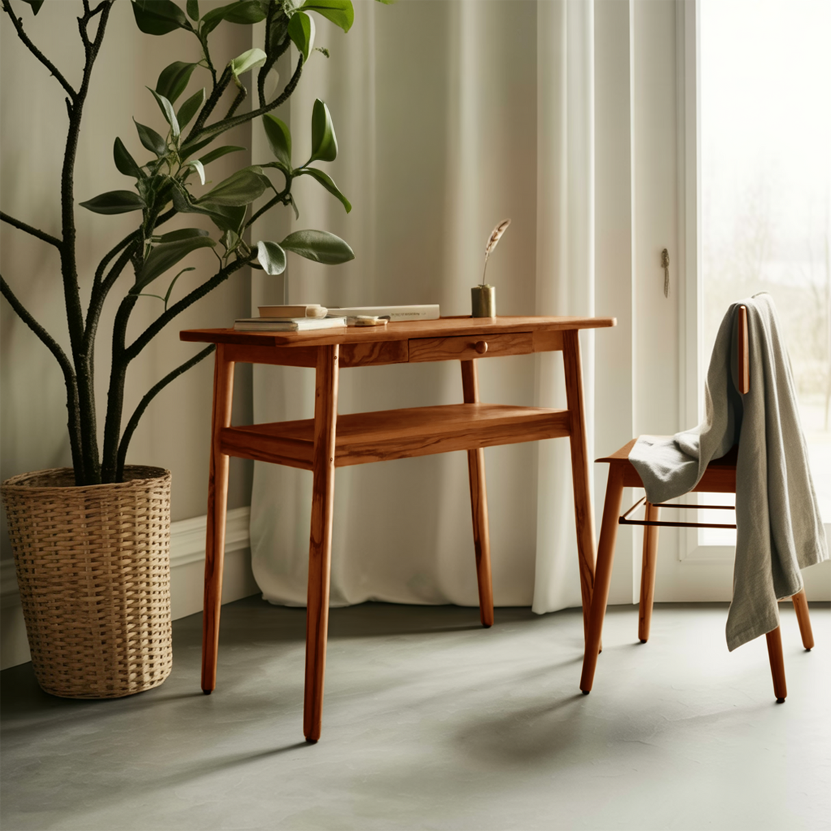 Modern Minimalist Wood Writing Desk With Drawer For Home Office Or Entryway