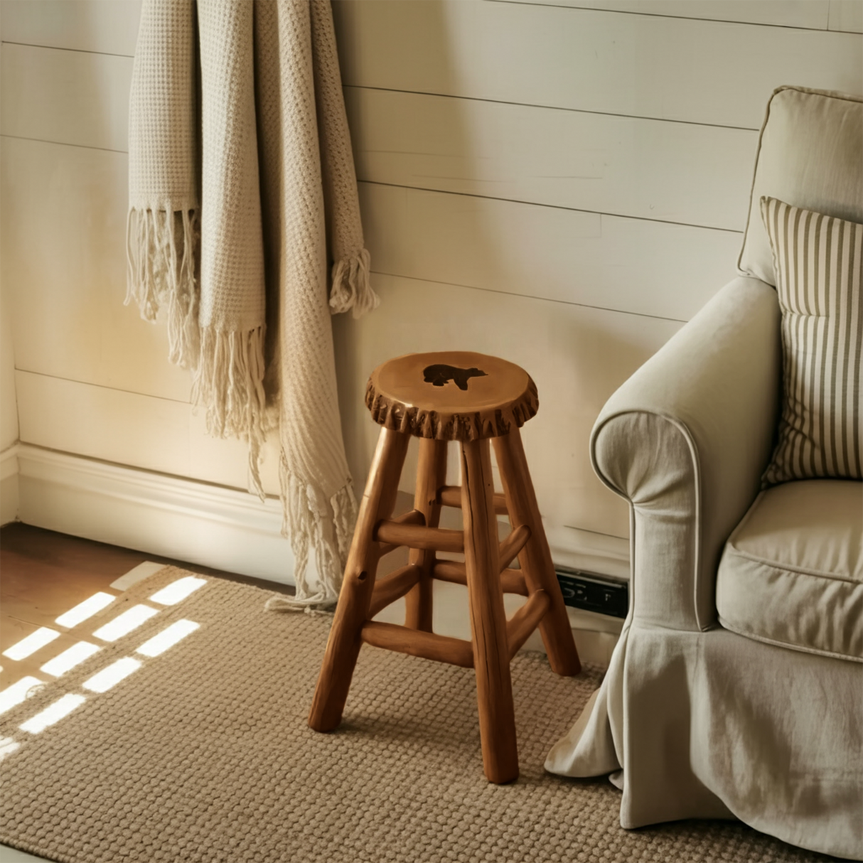Rustic Black Bear Stool For Cabin Living Room Seating
