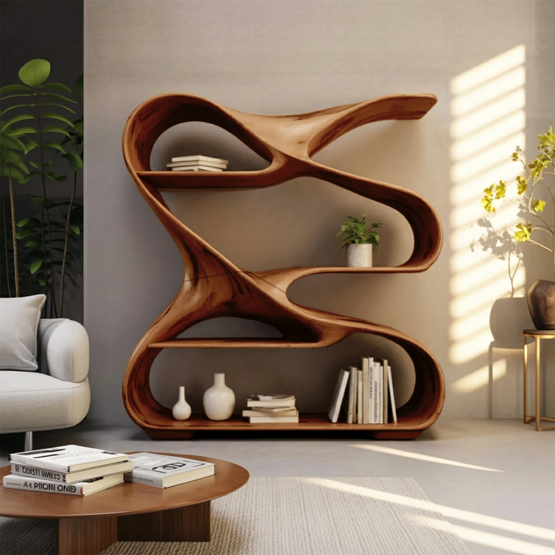 Modern Sculptural Wooden Bookshelf For Living Room Or Office Display ...