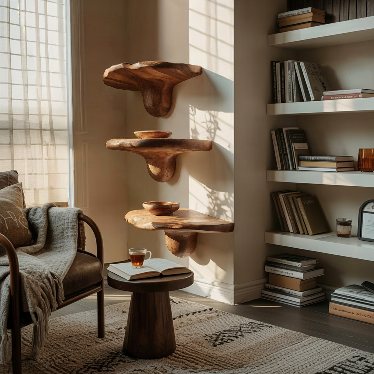 Handcrafted Solid Wood Mushroom Shelf For Bedroom Furniture Decor
