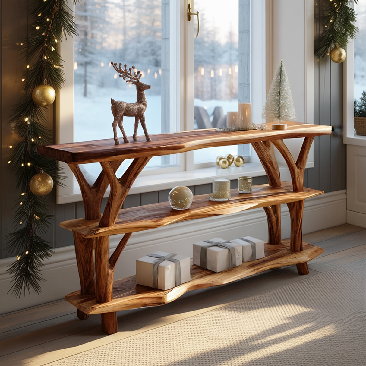 Farmhouse Wooden Live Edge Console Table For Living Room Christmas Accent