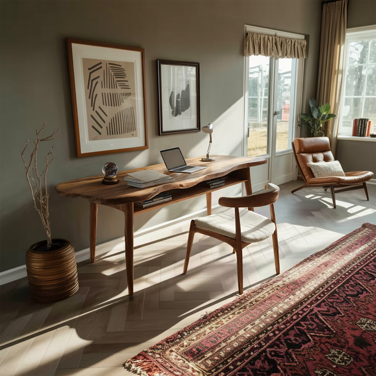 Mid Century Wooden Live Edge Desk For Modern Home Office Decor