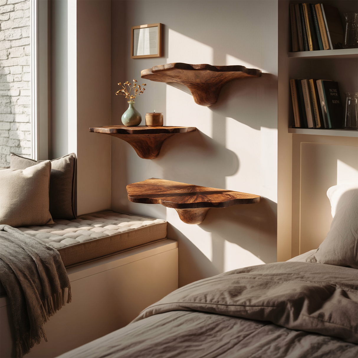 Handcrafted Wooden Mushroom Shelf For Artistic Living Room Decor