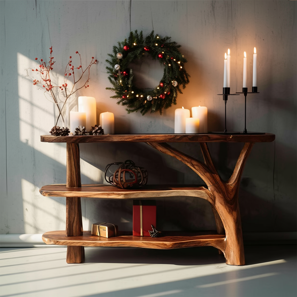 Farmhouse Wooden Live Edge Console Table For Holiday Living Room Decor