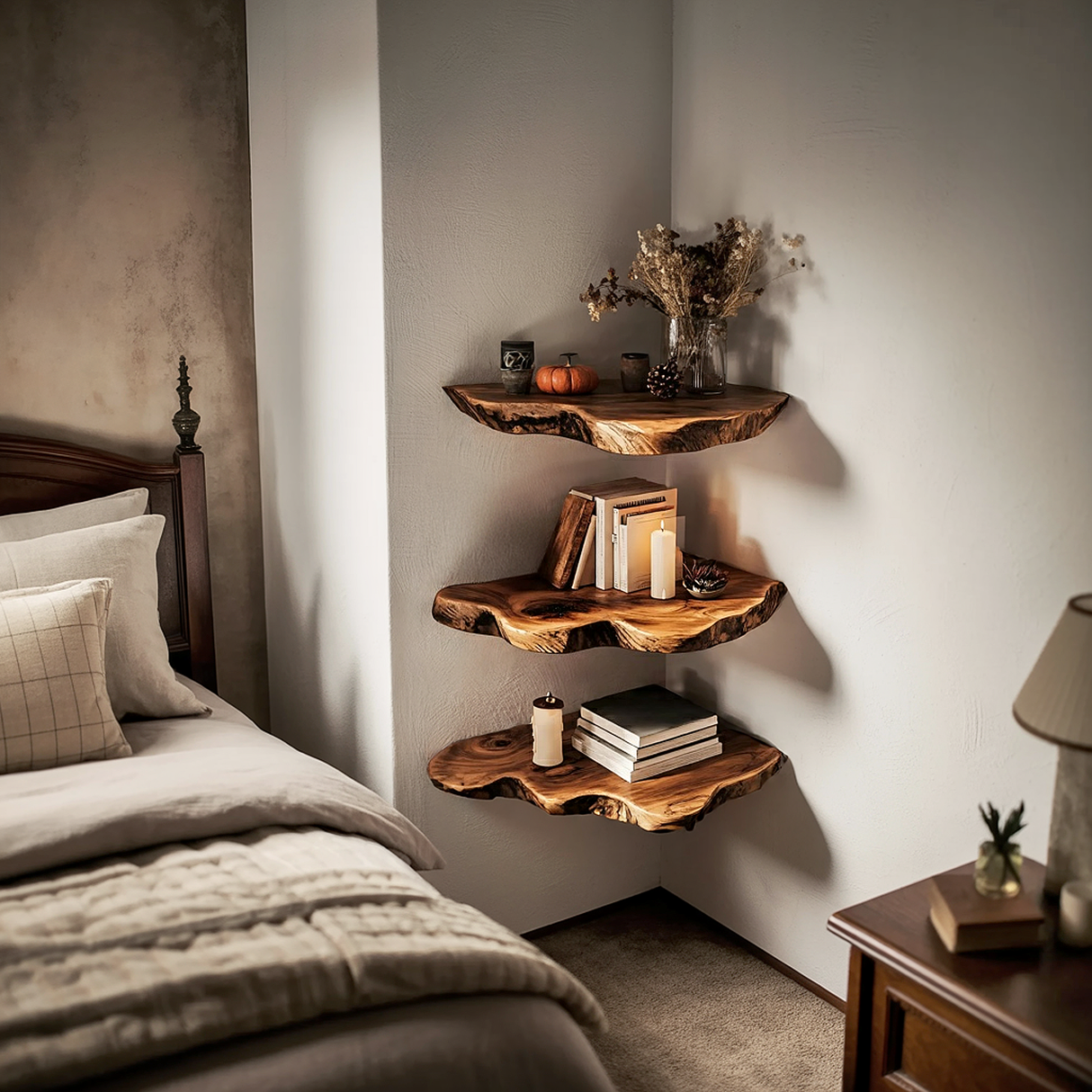 Handcrafted Wooden Live Edge Corner Shelf For Furniture Decor