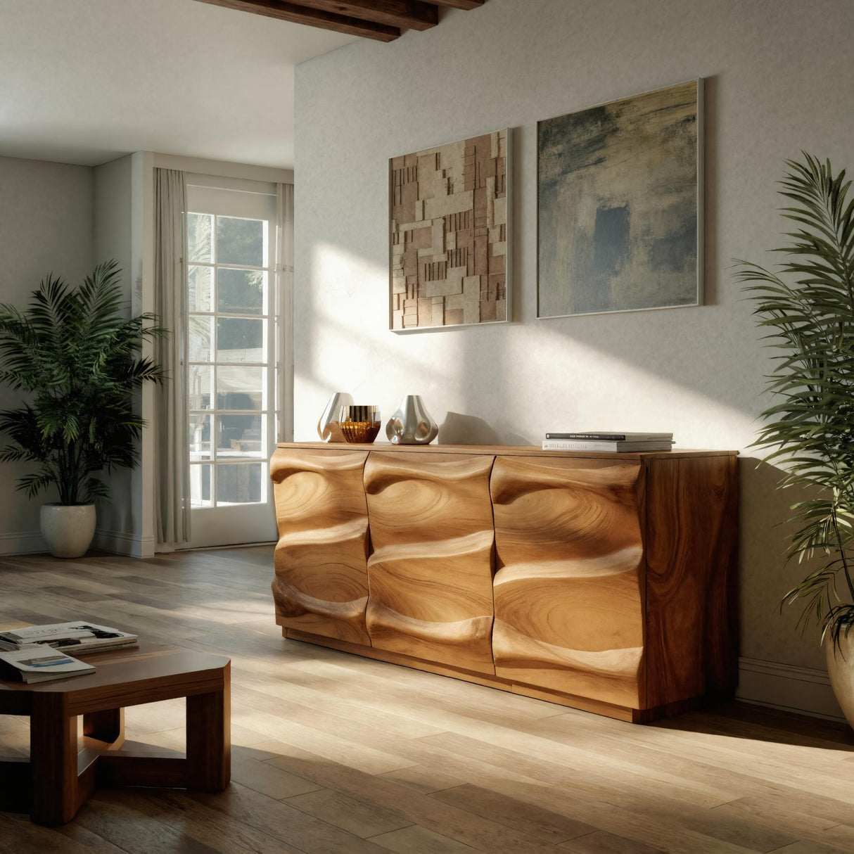Handcrafted Sideboard With Sculptural Wave For Living Room