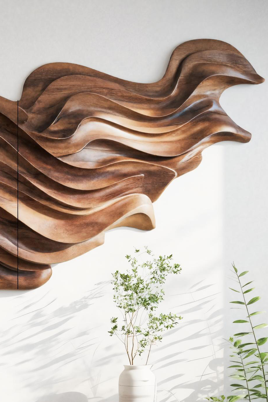Flowing Wave Wall Sculpture With Abstract Carving For Living Room