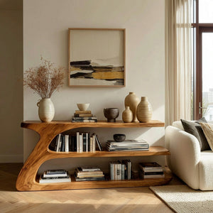 Modern Organic Wood Console Table With Shelf For Living Room