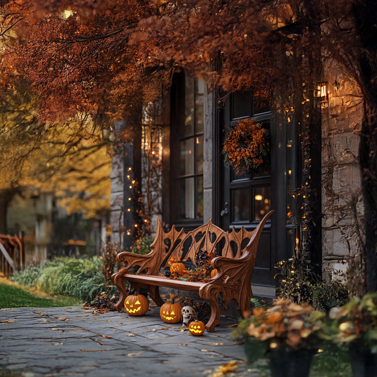 Mid Century Solid Wood Halloween Bench For Festive Outdoor Decor