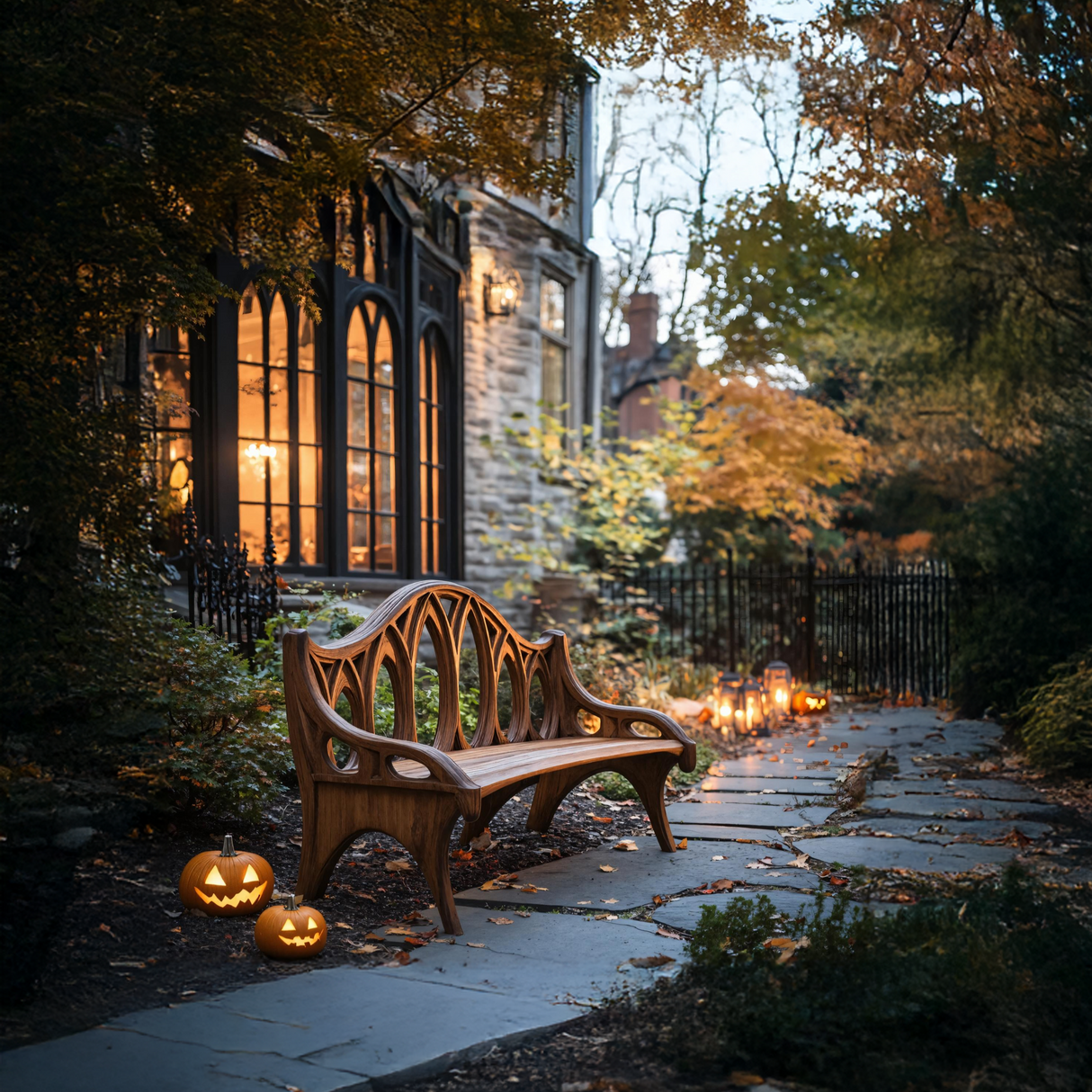 Farmhouse Solid Wood Halloween Bench For Outdoor Porch Design