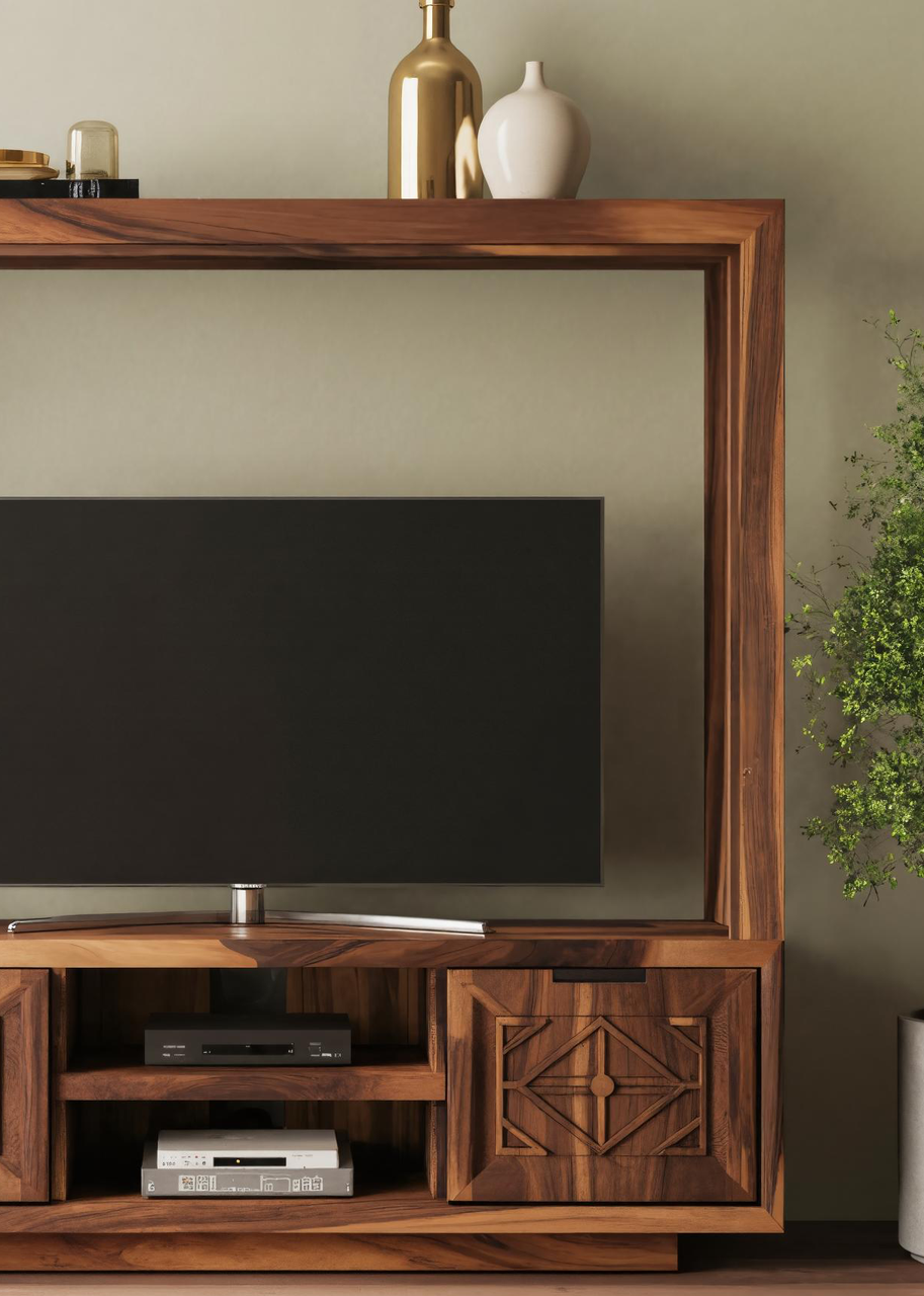 Geometric Carved TV Frame With Storage For Living Room