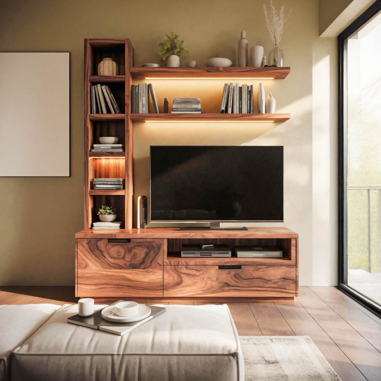 Modern TV Stand With Bookshelf And Lighting For Living Room