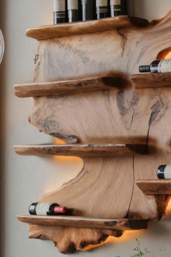 Rustic Live Edge Wine Rack Shelf With LED For Bar