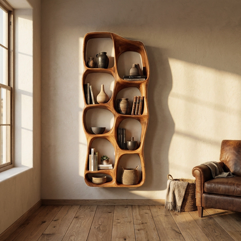 Modern Sculptural Wooden Wall Mounted Shelf For Living Room