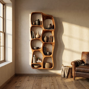 Modern Sculptural Wooden Wall Mounted Shelf For Living Room