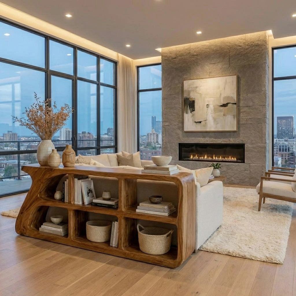 Organic Wood Console Table With Cubby Storage For Living Room