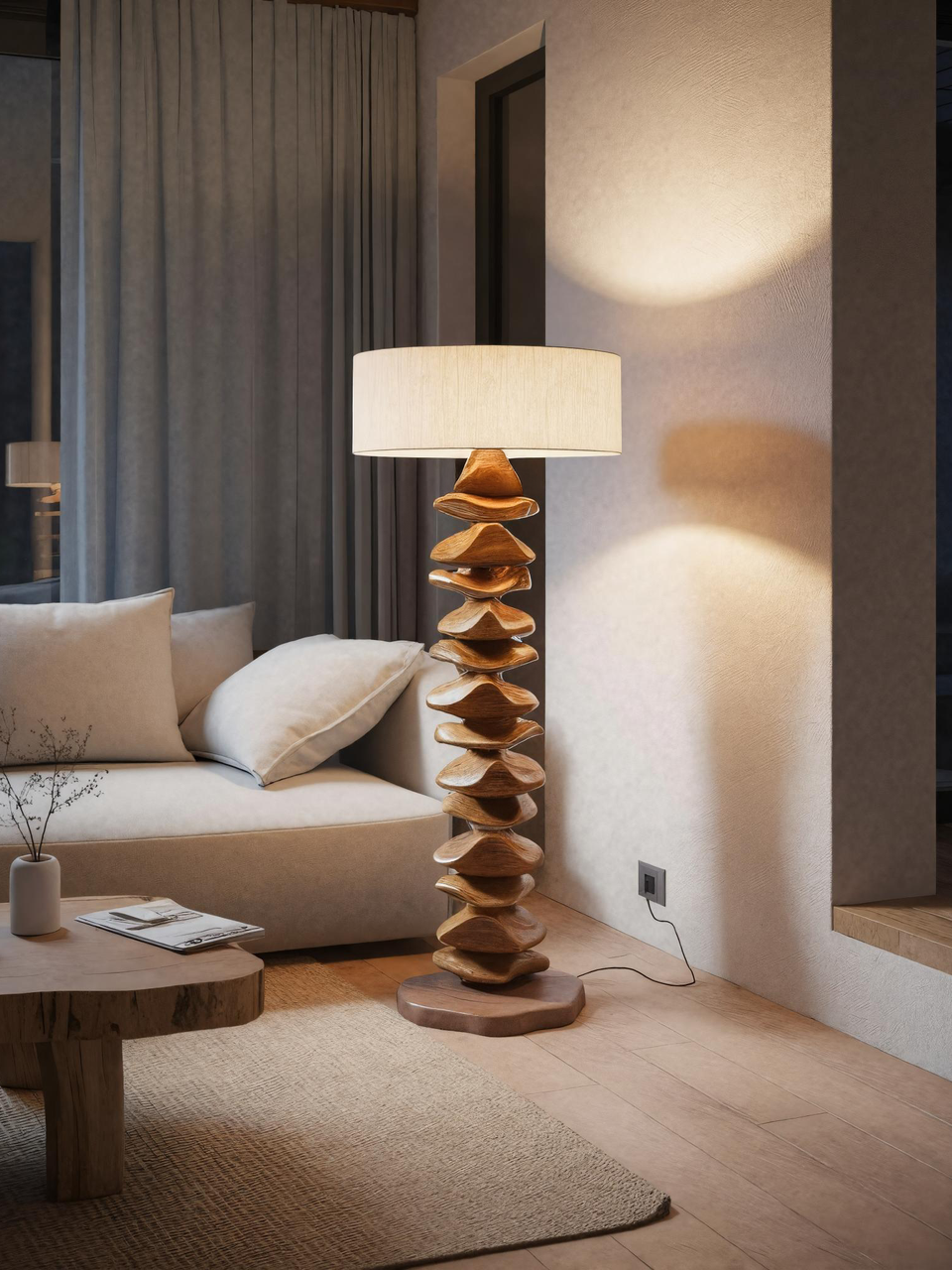 Handmade Sculptural Floor Lamp With Carved Base For Living Room