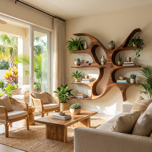 Artistic Wooden Wall Shelf With Unique Design For Living Room