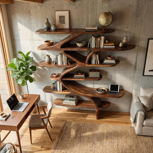 Contemporary Sculptural Natural Wood Wall Shelf For Modern Home