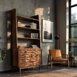Modern Wooden Bookshelf With Carved Cabinet Doors For Home