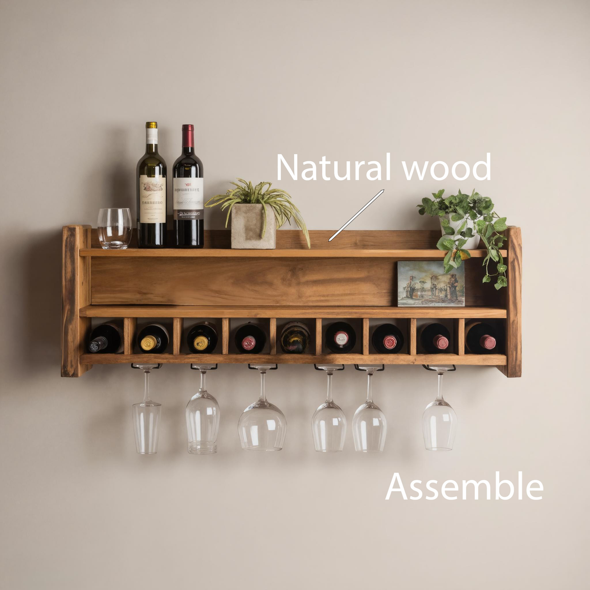 Rustic Floating Wine Rack With Glass Holder For Kitchen Or Dining Room