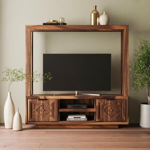 Geometric Carved TV Frame With Storage For Living Room