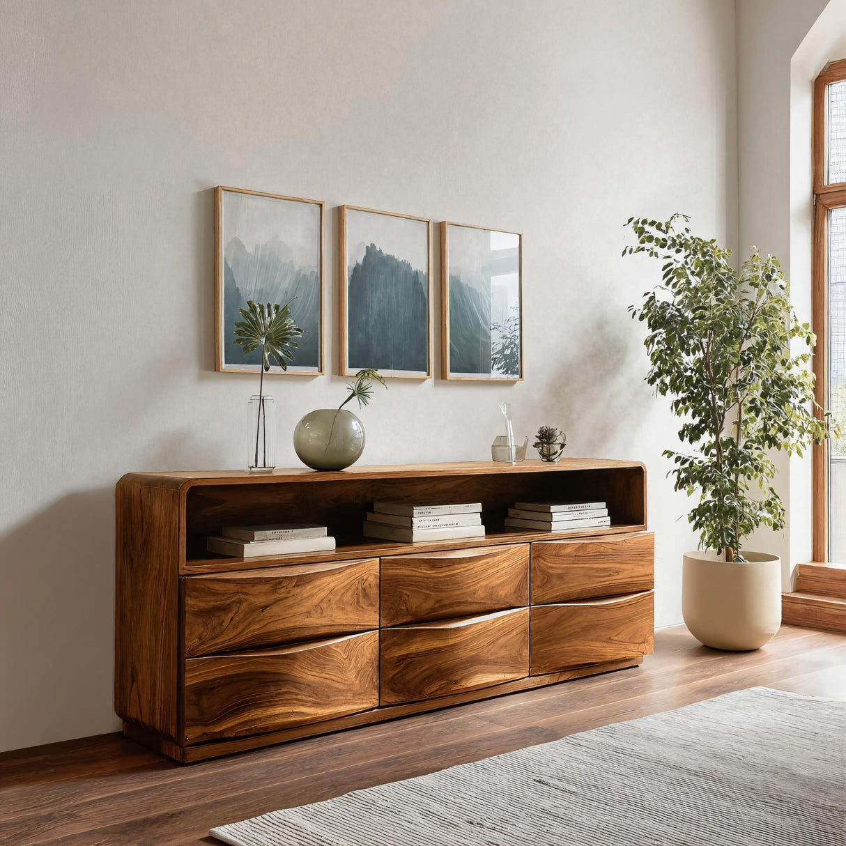 Mid Century Wooden Sideboard With Drawers For Living Room