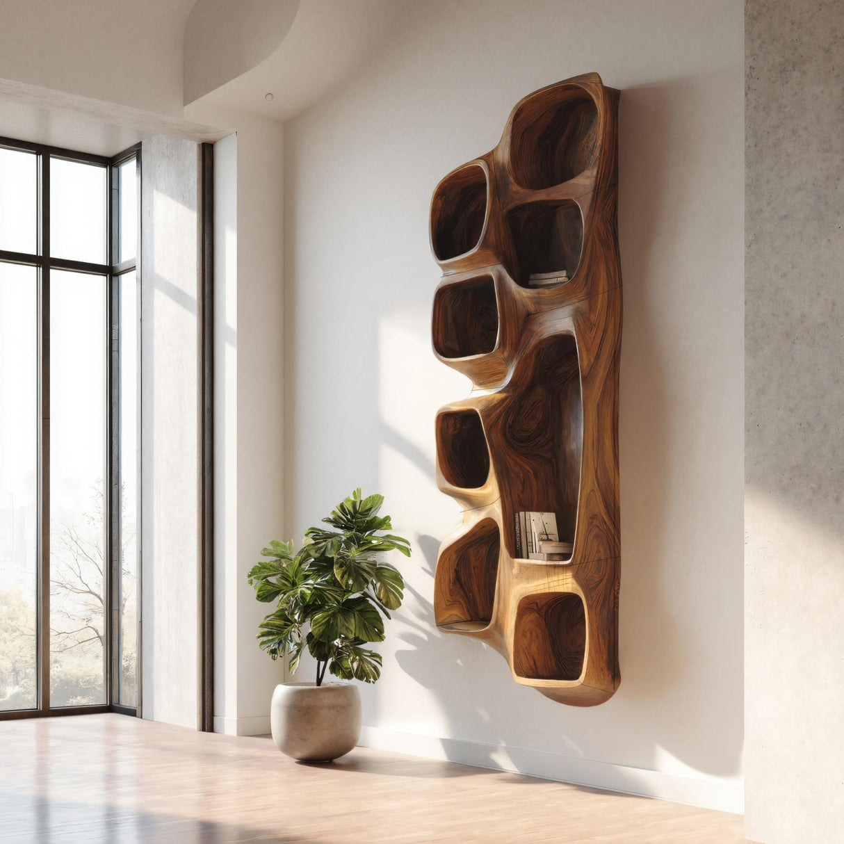 Sculptural Wall Shelf With Curved Compartments For Living Room