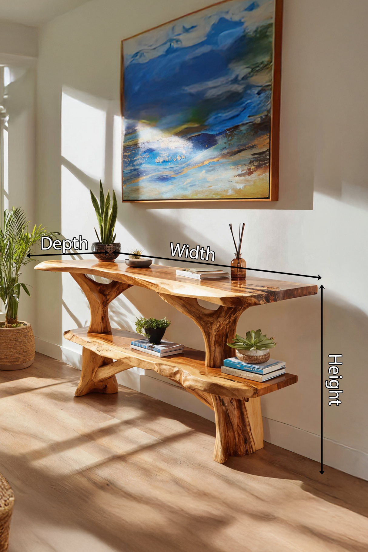 Mid Century Wooden Live Edge Console Table For Apartment Living Room