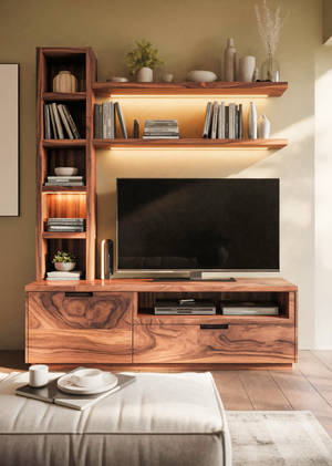 Modern TV Stand With Bookshelf And Lighting For Living Room