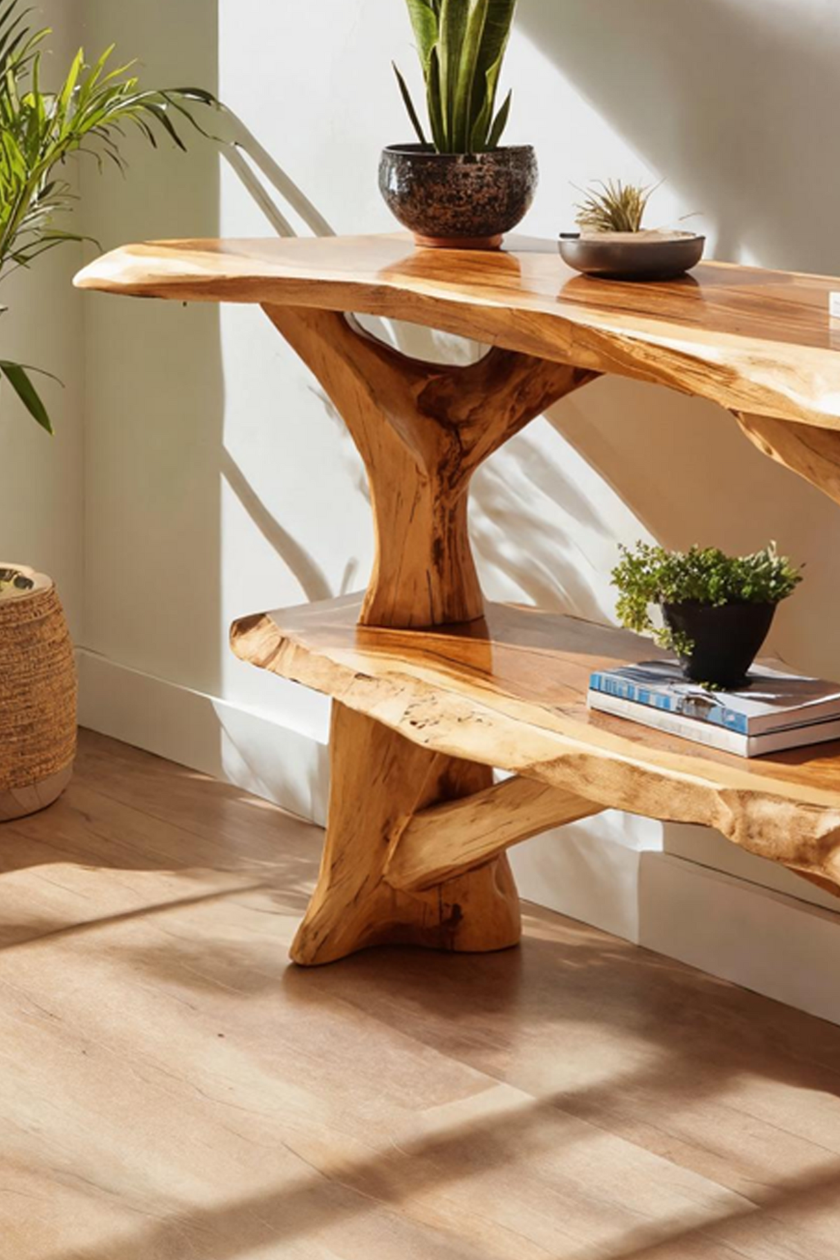 Mid Century Wooden Live Edge Console Table For Apartment Living Room