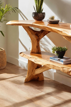 Mid Century Wooden Live Edge Console Table For Apartment Living Room
