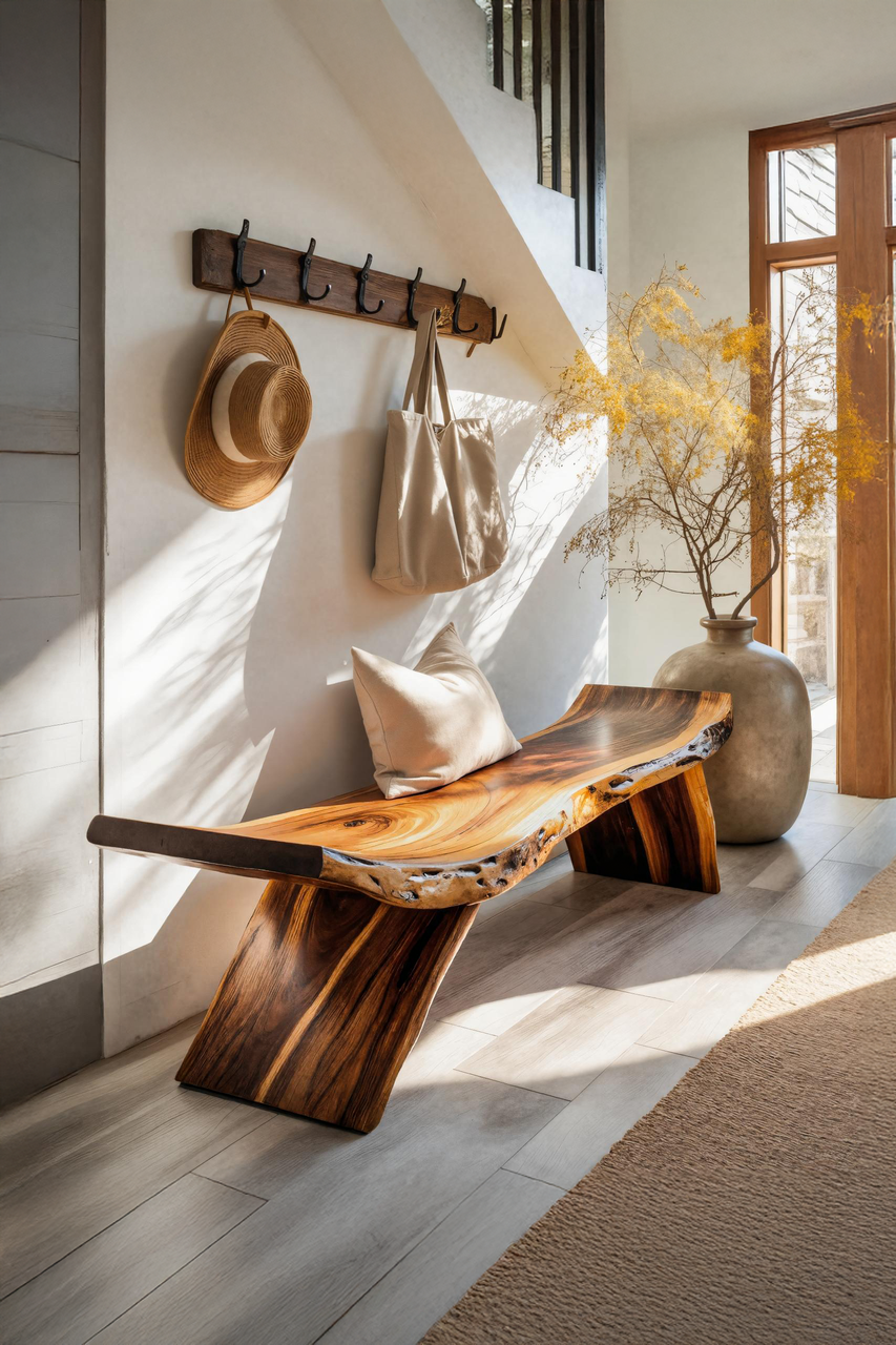 Rustic Live Edge Bench With Organic Curves For Entryway