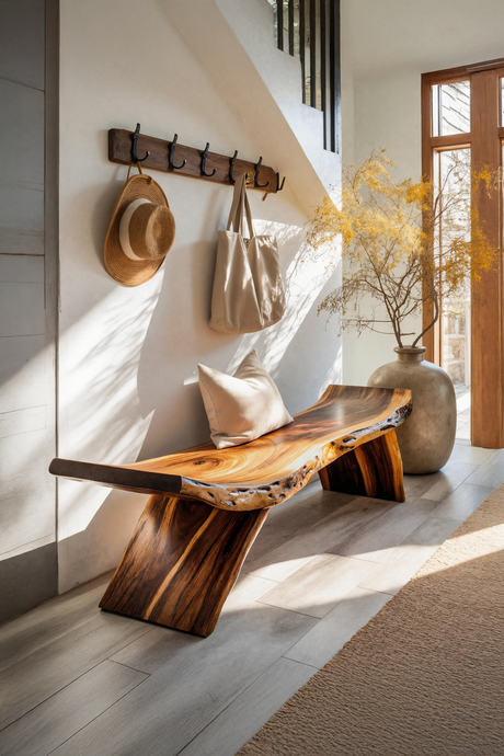Rustic Live Edge Bench With Organic Curves For Entryway