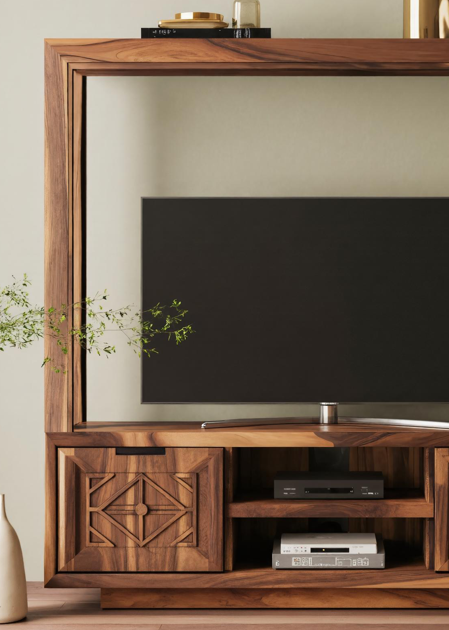 Geometric Carved TV Frame With Storage For Living Room