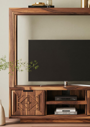 Geometric Carved TV Frame With Storage For Living Room