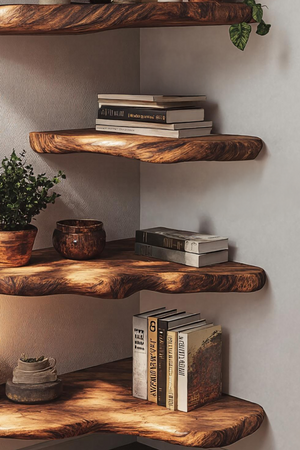 Mid Century Wooden Live Edge Corner Shelf For Living Room Decor