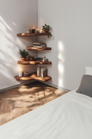 Mid Century Wooden Live Edge Corner Shelf For Living Room Decor