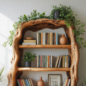 Rustic Sculptural Wooden Bookshelf With Carved Frame For Living Room Or Library