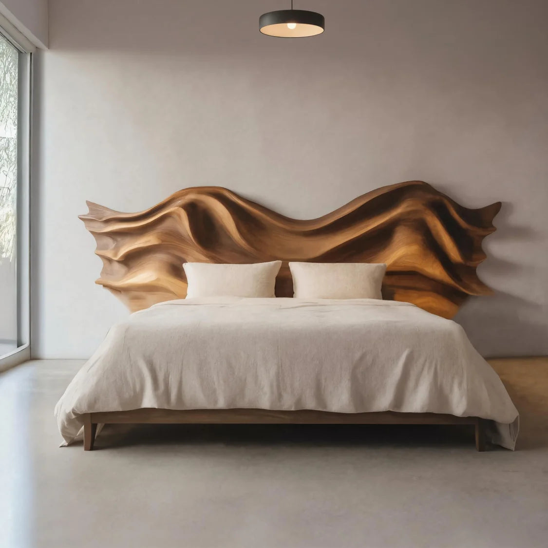Modern Sculptural Bed Frame And Headboard With Wave Carving For Bedroom