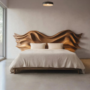 Modern Sculptural Bed Frame And Headboard With Wave Carving For Bedroom