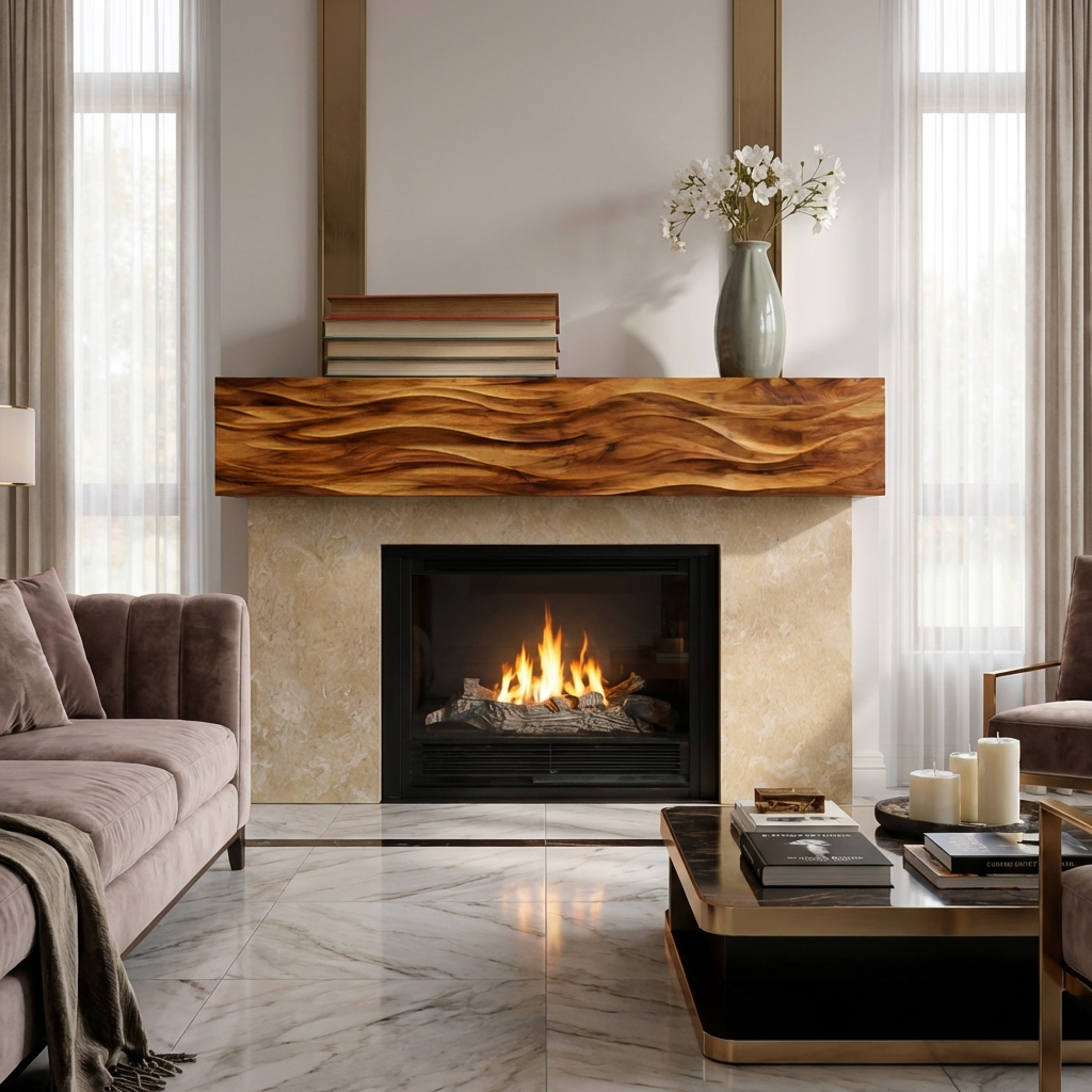 Rustic Wooden Fireplace Shelf With Wave Carved For Living Room