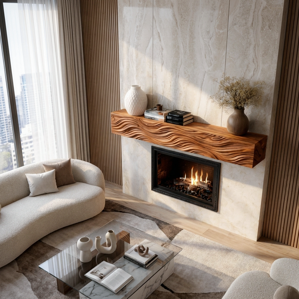 Wooden Fireplace Shelf With Wave Carved For Modern Home Decor
