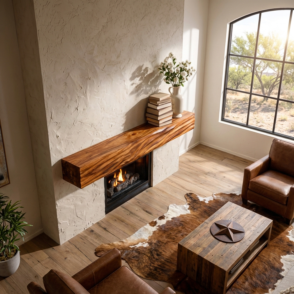 Rustic Wooden Floating Fireplace Shelf For Living Room Interior