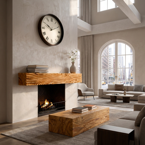Rustic Fireplace Shelf With Wave Carved For Cozy Living Room