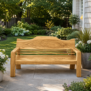 Rustic Outdoor Wooden Bench With Curved Backrest For Garden Or Porch