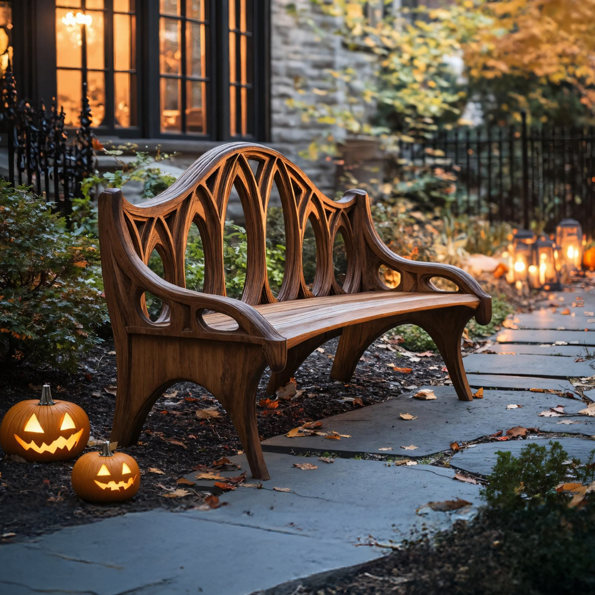 Farmhouse Solid Wood Halloween Bench For Outdoor Porch Design